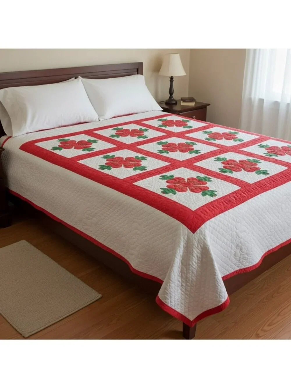 Vintage Handmade Applique Quilt Queen Red Hand Quilted Floral Folk Art Cottage